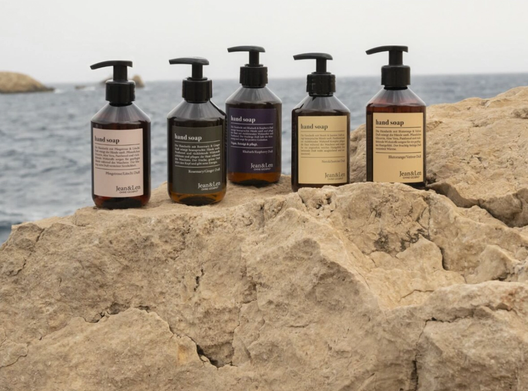 Fünf Jean&Len Handseifen in Glasflaschen auf Felsformation mit Meer im Hintergrund